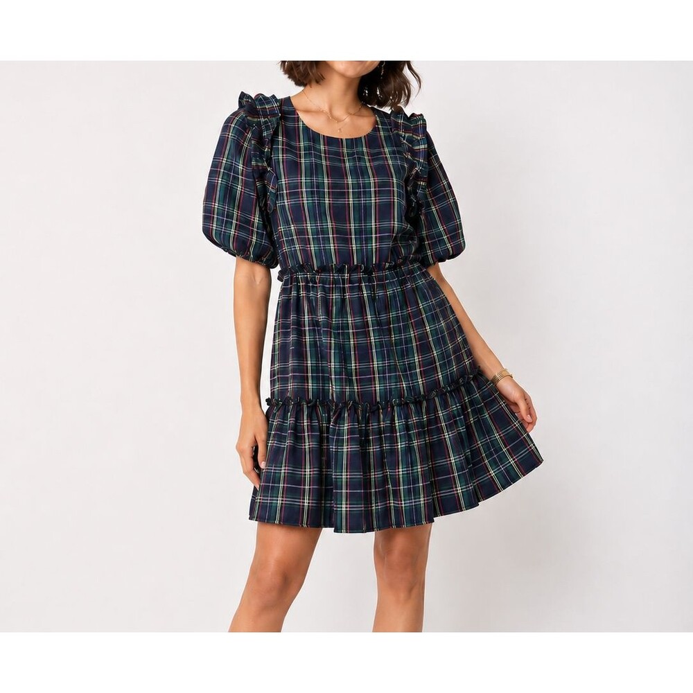 Entro Blue Green Tartan Plaid Puff Sleeve Dress Medium Dark Academia Preppy Twee